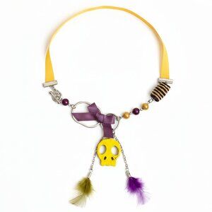 Handmade - Skull short necklace - ruban bead feather -yellow purple